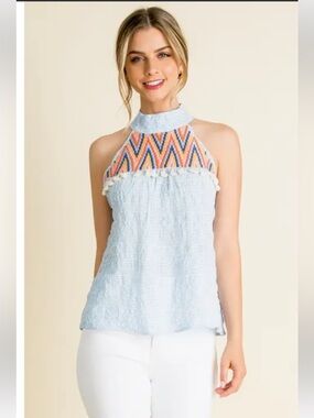 THML Light Blue gingham Halter Tank with Boho Embroidered Chevron Yoke NWOT